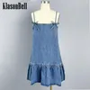 Lässige Kleider 4,9 Klasonbell Temperament süßes Mädchen Bowknot Spaghetti -Gurtkleid Frau Denim Spleiß Saum Rüsche Loose Mini