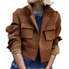 Kvinnorjackor Autumn Coat Solid Color Flap Pockets Turn-Down Collar långa ärmar Lossa Cardigan Smooth Surface Tjock Lapel Jacket för W