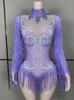 Stage Wear Style Purple Sparkly Rhinestone Women Jumpsuit Sexy Transparant Mesh Tassel Suit Performance Nightclub Show Outfit