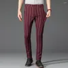 Men's Pants Striped Casual Spring Comfortable Elastic Business Slim Straight British Fashion Trousers Black Khaki Wine Red