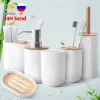 Toothbrush Bamboo Wood Toilet Brush Bamboo Bathroom Set Toothbrush Holder Cup Soap Holder Emulsion Dispenser Container Bathroom Accessories