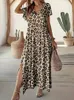 Plus Size Leopard Print Schlitzkleid Casual V Neck Kurzarm für Frühlings Sommer Womens Clothing 240417
