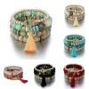 Strands New Evil Eye Tassel Bracelet Set For Women Crystal Fatima Hand Charm Stone Beads Chain Bangle Female Bohemian Jewelry Gift