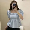 Bluzki damskie dla kobiet 2024 Blue Doll Crop Top Blusas Mujer de Moda Verano Summer One Rameer Bubble krótkie rękawowe koszulę Białą