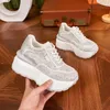 Casual Shoes 8cm Synthetic Air Mesh Platform Wedge Flats Summer Fashion Chunky Sneaker Bling Leather Comfort High Brand