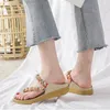 Slippers Summer Women 1.5cm Platform 2cm Wedges Low Heels Sandals Female Big Size Sparkly Comfortable String Bead Crystal Bohemian Slides