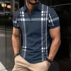 Mode randig herr polo skjorta linje sommar kort ärm toppar affärer casual kläder lapel knapp dragkedja polo skjorta för man 240409