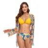 Women's Swimwear Sexy Women Bikini With Chiffon Cover Up Floral Print Push Bathing Suit Ring Swimsuit Brazilian Biquini Long Sleeves