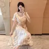 Party Dresses Luxury Summer Embroidery Sequin Midi Dress French High Quality Women O Neck Short Sleeve 3d Floral Soe Up Prom