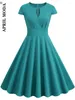 파티 드레스 2024 여름 솔리드 50 년대 60 년대 빈티지 드레스 라인 튜닉 Jurken 여자 짧은 슬리브 블루 그린 레드 우아한 사무실 미디