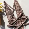 Swim Wear Backless One Piece Swimsuit Bandage Swimswear 2023 Femmes V Décolleté High Cut Monokini Swim Pink Leopard Animal Print Bathing Costume 240423