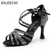 Buty taneczne Dileechi łacińskie duże małe rhinestone lśniący brązowa skóra czarna satynowa satynowa kobiety salsa impreza balowa cuba 9 cm pięta