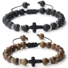 Brins Hot Prayer Cross Men Bracelet Handmade 8 mm Natural Tiger Eye Lava Stone Wood Perles Bracelets tressés