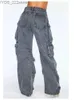 Женские джинсы сплошной цвет много карманные джинсы для женской улицы Retro Hip-Hop Широкие штаны ноги повседневные прямые джинсы с высокой талией для женщин YQ240423