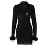 Casual Dresses Cut-out Patch Wool Long Sleeve Dress Hollow Out Stitching Furry Women