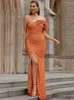 Casual Dresses Winter 2024 Women Luxury Sexy One Shoulder Sequins Orange Glitter Maxi Long Gowns Celebrity Trumpet Evening Party Club Dress