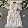 Party Dresses Luxury Water-Soluble Lace Blue Summer Dress Runway High Quality Women Floral Hollow Out Embroidery Golden Button Midi Vestidos