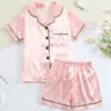 Summer Kids Sleepwear Short Sleeve Lapel TopShorts Children Casual Cool Breathable Faux Silk Pajama with Valentine Heart Print 240408