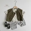 Waistcoat 2024 Leer nieuwe kinderen mouwloos vest mode baby casual jas jongens meisjes solide vintage veelzijdige Cardigan kinderjas H240423