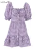 Party Dresses Purple Plaid Dress Puff Sleeve Ruffled Women Lace-Up Button Frill Summer 2024 Ladies Cascading