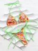 Swimwwear Women's Sexy Neon Green Floral Imprimé Patchwini Bikini 2024 Femmes Swimsuit Push Up Tie Side Side Glong Beach Bathing Costume Bikinis Set