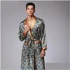 Mäns sömnkläder V-ringning Faux Silk Male Nightwear Satin Bath Robe Mens Luxury Paisley Pattern Bathrobe Kimono Robes Drop Delivery Appa Dhnjc