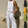 女性春の夏ファッション2024ホリデーリネンパンツセットクロップトップ240419のための一枚の一枚の一致2つのピースマッチ