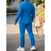 メンズスーツカジュアルブルースリムフィット2ピースジャケットパンツセットノッチラペルシングルブレストバックベントウェディング衣装フルブレザー