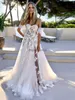 Romantic Off the Shoulder Boho Wedding Dresses 3D-Floral Appliques Side Split Bridal Gown Sheer Corset Bodice Summer Wedding Gowns