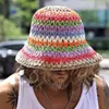 Spring Summer Rainbow Woven Straw Hat Bucket Hat Sunblock Shade Wide Brim Hat Breathable Fisherman Hats Beach Straw Cap 240323