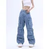 Multipocket Blue Wäsche Jeans Cargo Hosen Y2K Retro Streetwear Fashion High Taille Jeans Ehepaar Harajuku Casual Wide Lein Hosen 240409