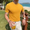 British Style Summer Ice Seide Kurzschlärm Strickt T-Shirts Männer Einfache reine Farbe O-Neck Casual Slim T-Shirt Top Homme M-3xl 240418