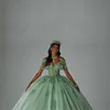 Beauty Green Quinceanera Dresses V Neck Lace Appliques Sequin Sweet 15 Dress Bow Tie Sweep Train Junior Vestidos De Anos