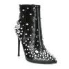 Boots Rigonge rivet cheville pointuy toe cuir talons talons courts zipper cristal femmes chaussures sexy