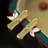 Stud Earrings 2024 Trendy Transparent Opal Bamboo For Women Fashion Rhinestone Leaf Chinese Vintage Aesthetics Jewelry