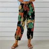 Women's Pants Capris Plus Size Cotton Linen High Waisted Drawstring Capri Pants for Women with Vintage Floral Print Y240422