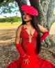Sexy Red Mermaid Prom Dress For African Black Girls V Neck Crystals Beaded Formal Party Gowns Vestidos De Gala