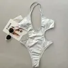 Momento de banho feminina Sexy Silver Metallic Siltinha Swimsuit String Bandrage Bathing Bathing Suiting Shiny Glitter High Cut Out Monokiny Bather