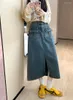 Skirts S-XL Een lijn lange denim rok 2024 High Taille Vintage Pocket Patch Midi Jeans Women Style (L60082
