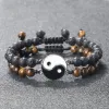 Strängar bästa vän armband set 6mm naturstenpärlor charm tai chi yin yang justerbart rep par armband smycken gåva för älskare