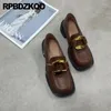 Casual Shoes Sheepskin Brown Women Slip On Loafers Low Heel Slippers Square Toe Block äkta läderbilder Halva metallmulor Patent