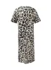 Plus Size Leopard Print Schlitzkleid Casual V Neck Kurzarm für Frühlings Sommer Womens Clothing 240417