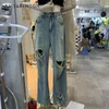 Kvinnors jeans 2024 Koreanska byxor Summer pendlar hög midja trendig unika rippade raka denimbyxor för kläder