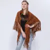 Womens Loose Suede Fringe Open Poncho Cloak Shawl Wrap with Punch Hole Patterns and Graceful Fringes Drop 240419