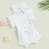 Roupas de roupas nascidas garotas meninas curtas roupas de verão 3pcs roupas de manga voadora o malha de pescoço short shorts de cordão para cabeça de 0 a 18 meses