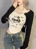 Imprimé graphique Y2K Tops Femmes Summer Long Manche T-shirt Irrégulier Fashion Corean American Retro Girl Skinny Two Piece Set 240416
