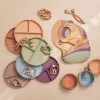 Tees 6st Baby Silicone Feeding Bowl Table Set Set Food Grade Bib Plate Spoon Pacifier Clips Armband Silikon Feeding Set BPA GRATIS