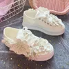 Casual Shoes Low-top Flower Canvas Comfortable Women Walking Handmade Pink White Flat Vulcanized Sneakers