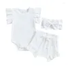 Roupas de roupas nascidas garotas meninas curtas roupas de verão 3pcs roupas de manga voadora o malha de pescoço short shorts de cordão para cabeça de 0 a 18 meses