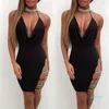 Schwarze sexy Partykleid Frauen Sommer Mode Deep v Neck Halfter Rückenless Choker Schlitz Paillette Paillette